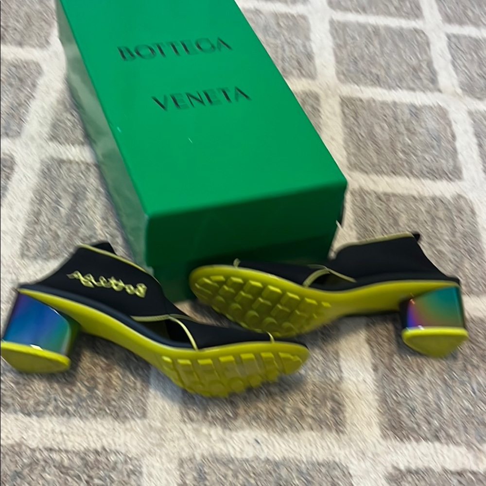 Bottega Veneta Black and Neon Green Heeled Sandals